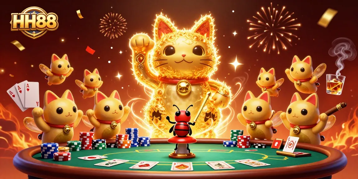 Play exciting games at HH88 with a vibrant 3D lucky cat and captivating casino symbols.