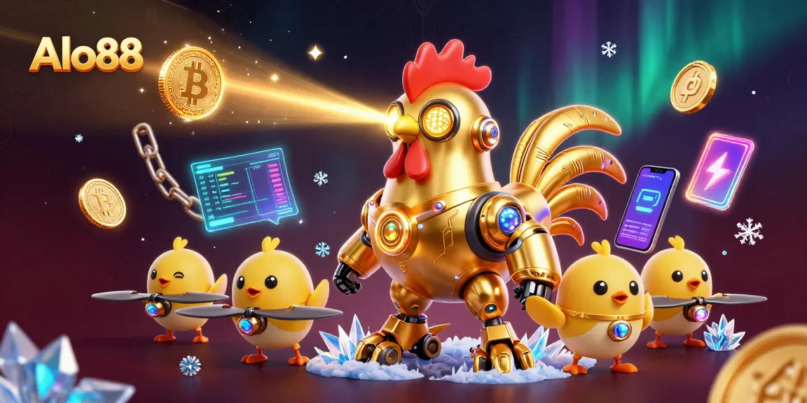 Alo88 engages players with a futuristic casino adventure featuring a golden rooster robot and dynamic gaming elements.