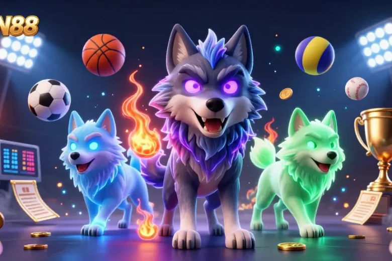 Engage in thrilling sports action with OPEN88's energetic 3D casino illustration featuring vibrant elements.