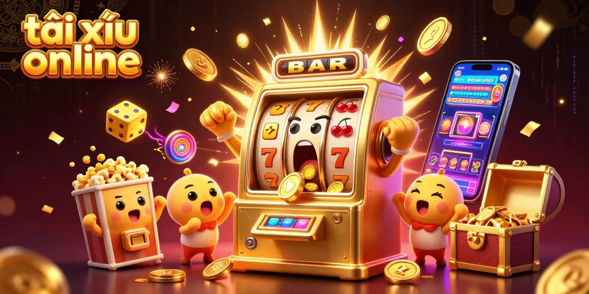 Experience the thrill of tài xỉu online with dynamic scenes of golden slot machines celebrating jackpots and winning moments.
