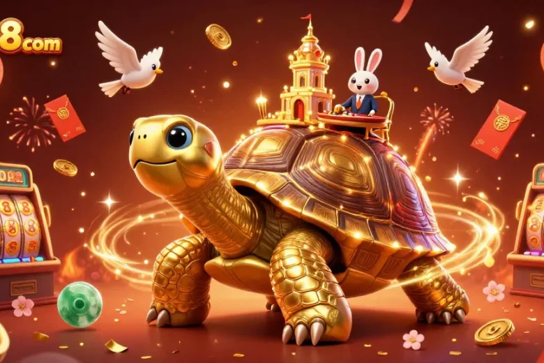 Engage with go88com's thrilling online casino experience featuring a festive 3D golden tortoise and rabbit dealer.
