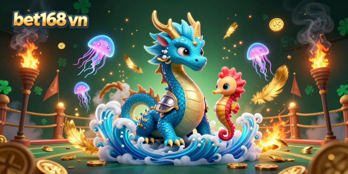 Engage in thrilling sports betting action with bet168 vn featuring a majestic dragon and underwater knight.