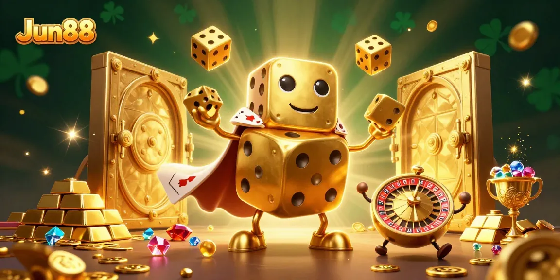 Win big with Jun88's vibrant casino scene featuring golden dice, treasures, and thrilling gaming elements.