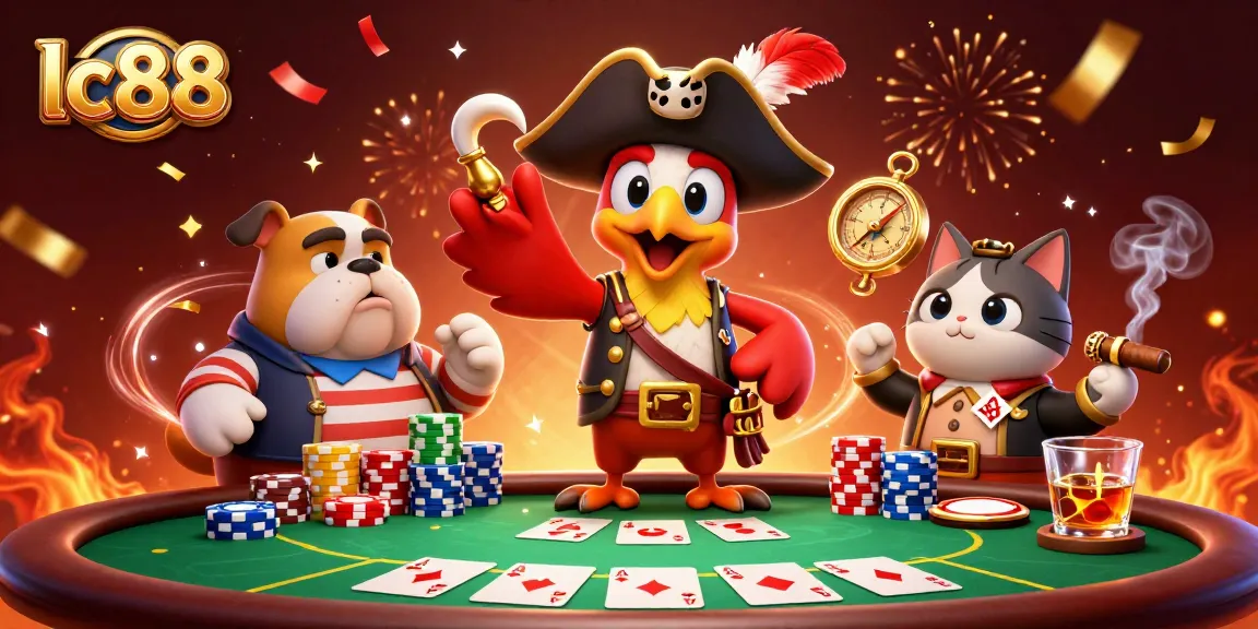 Engage in thrilling gameplay at lc88 with vibrant casino characters, poker elements, and festive atmosphere.