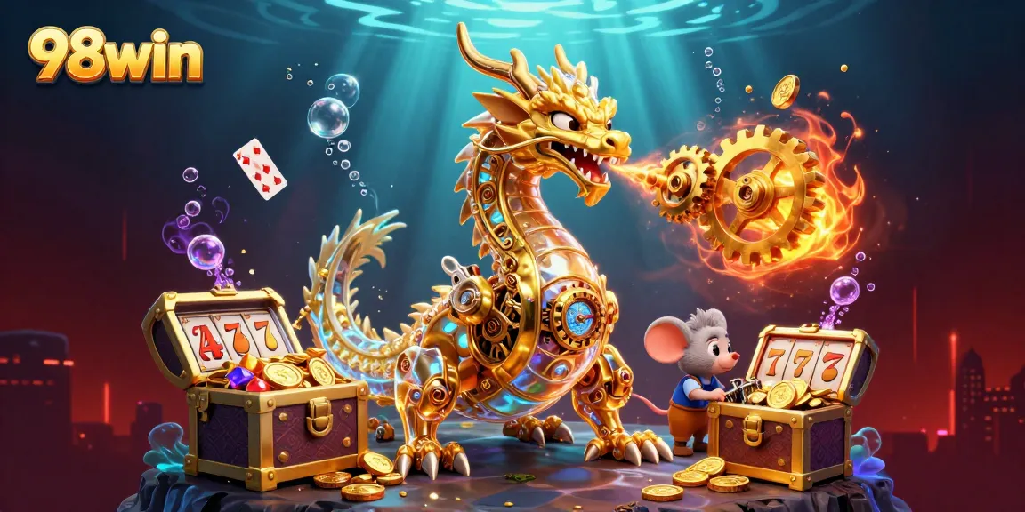 Experience the excitement of 98win with a vibrant illustration of golden dragon and treasure-filled adventure.