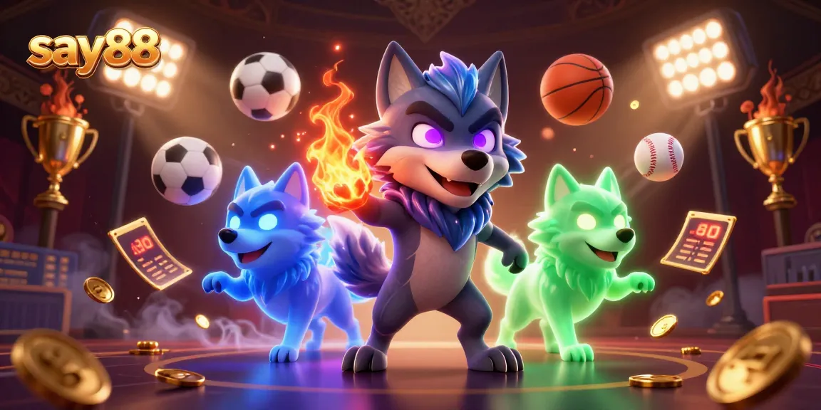 Engage in thrilling gaming adventures with say88, a dynamic scene with animated sports elements and ghostly wolves.
