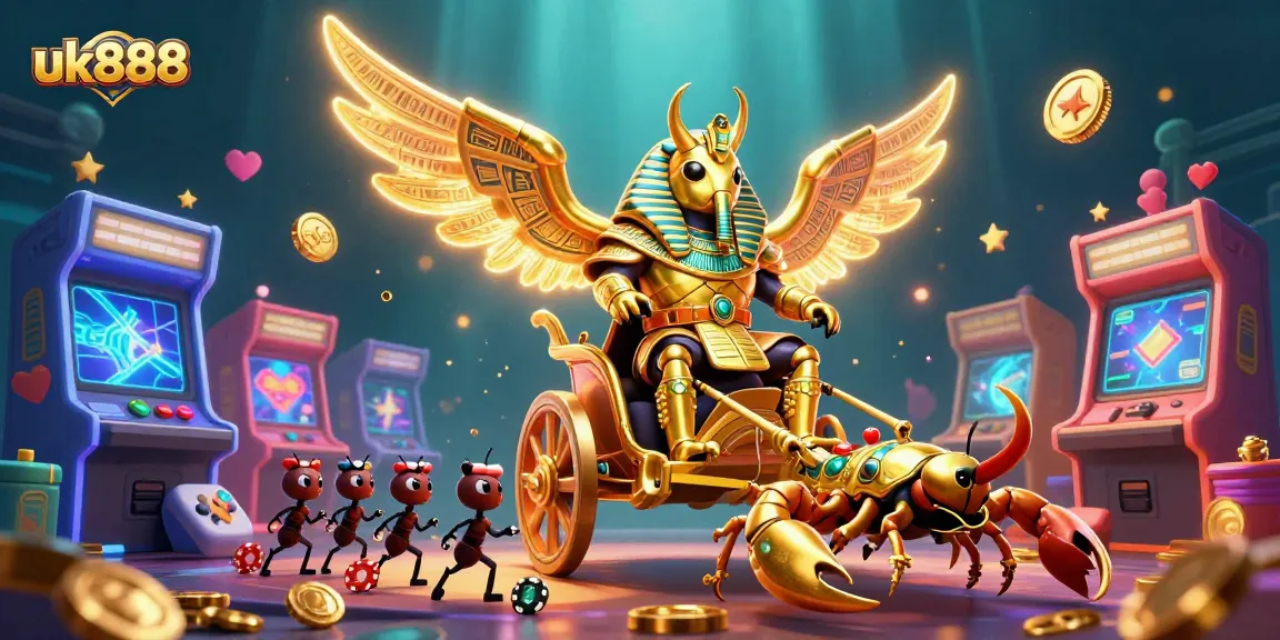 Engage in exciting games with uk888's unique 3D casino illustration featuring a pharaoh beetle.