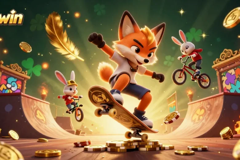 Experience Sunwin's thrilling gaming action with our cartoon fox and rabbit featuring casino elements.