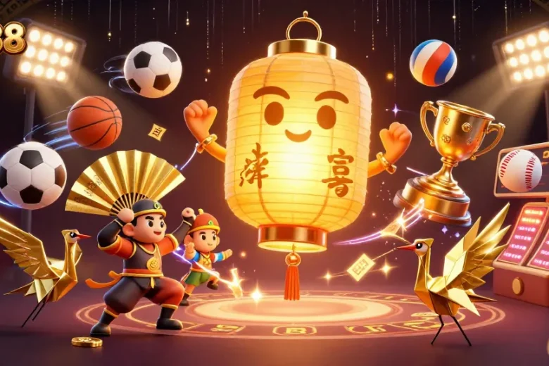 Engage with DN88's vibrant casino experience featuring a glowing golden lantern spirit and dynamic sports elements.