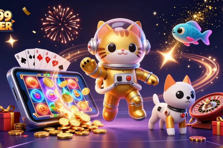 Experience thrilling gaming at MM99 LOCKER with cartoon characters amidst vibrant casino elements.