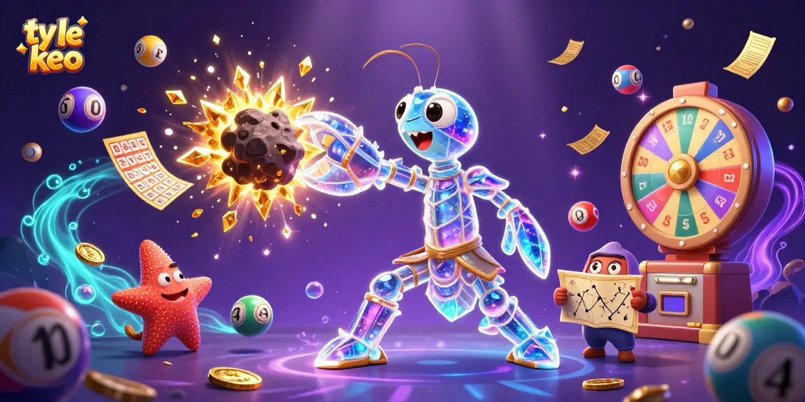 Experience ty le keo excitement with colorful lottery balls and golden gems bouncing in a vibrant casino scene.