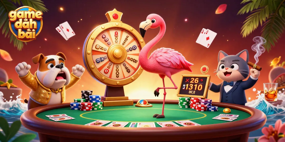 Experience excitement with game đánh bài in a vibrant casino-themed illustration featuring animated characters and poker elements.