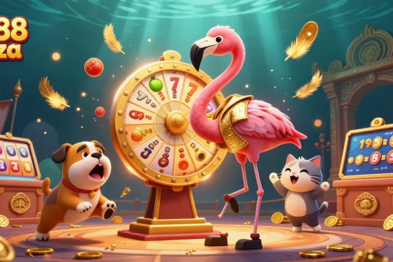 net88 pizza showcases a vibrant 3D scene of gambling excitement featuring a game show host flamingo and a bulldog contestant.