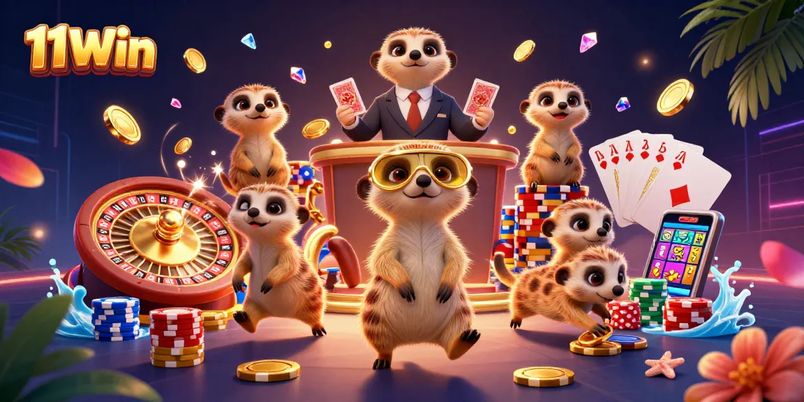Engage with 11Win's thrilling casino experience featuring meerkats in a vibrant gaming scene.