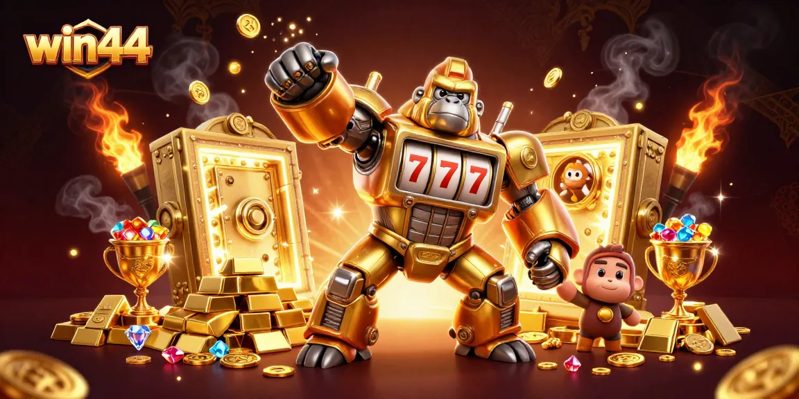 Win44 platform featuring a golden gorilla mech amidst treasures, perfect for high-stakes gaming.