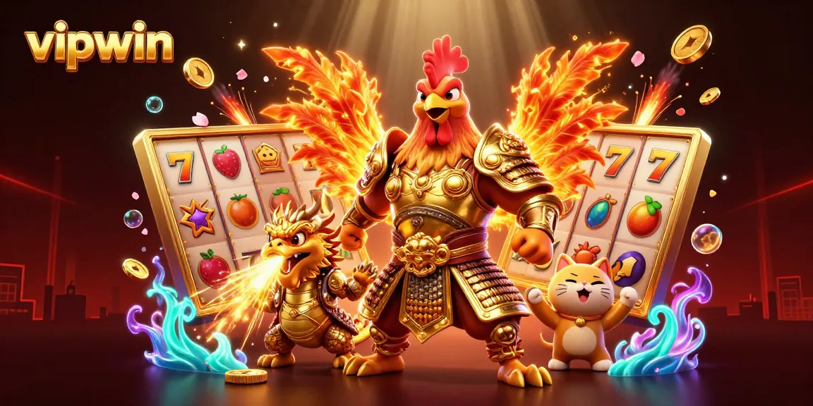 Engage with vipwin's dynamic slot experience featuring a warrior rooster and dragon in action.