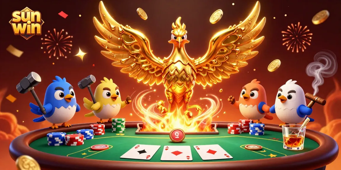 Experience huge wins with sun win, a vibrant casino scene featuring a golden phoenix and poker elements.