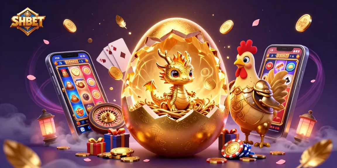 SHBET showcases a golden dragon bursting from its egg amidst vibrant casino elements, exemplifying winning excitement.