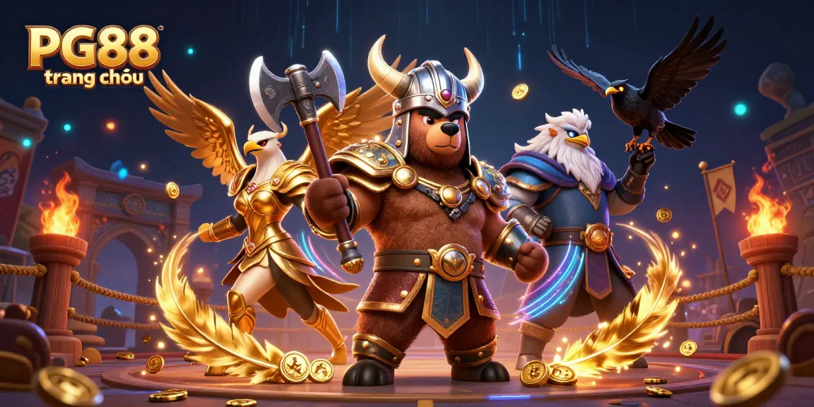 Experience thrilling gameplay at PG88 trang chủ with dynamic Viking and eagle characters amidst a vibrant casino atmosphere.