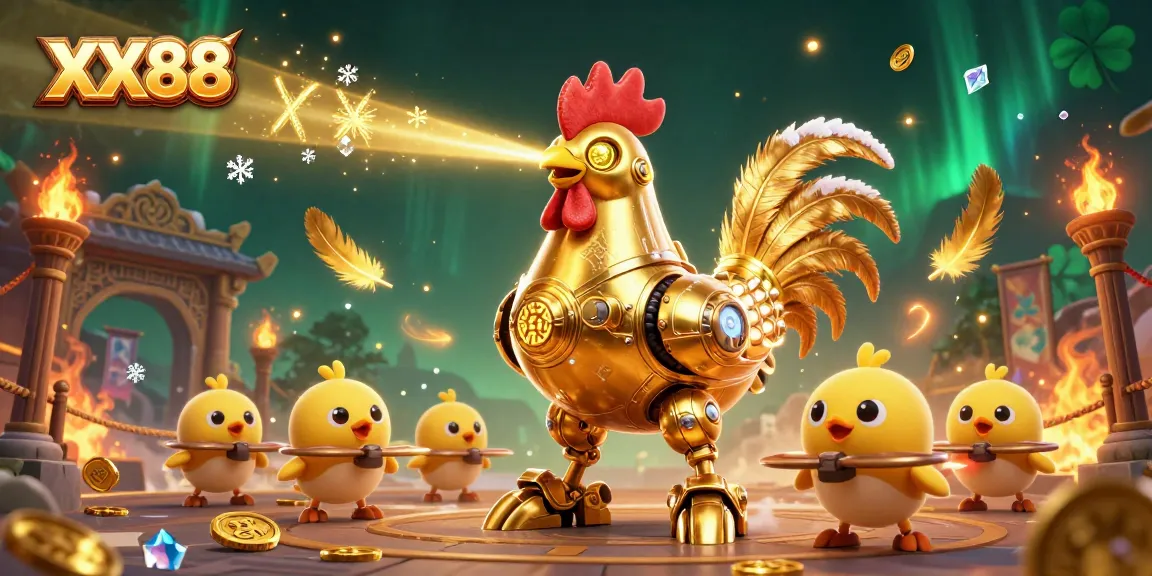 Experience the excitement at XX88 as golden rooster robots lead daring gambling adventures.