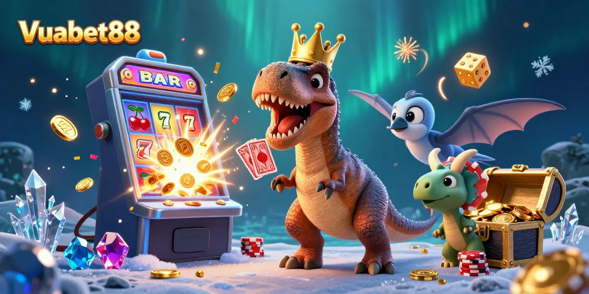 Experience winning fun at Vuabet88 with a vibrant scene of excited cartoon dinosaurs playing casino games.