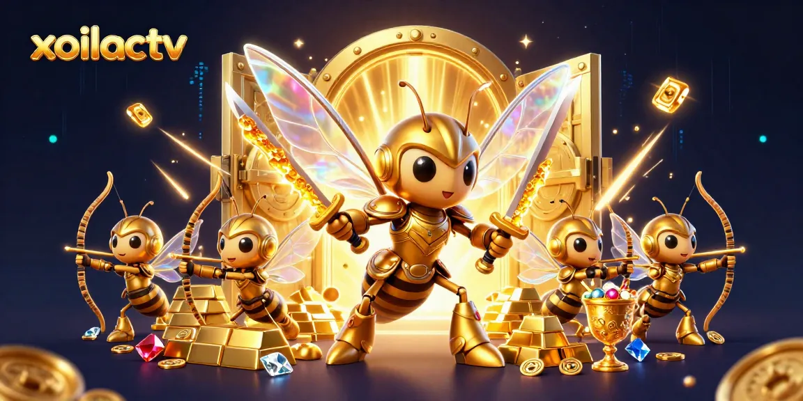 Experience the excitement of xoilactv with a dynamic scene featuring a giant hornet and golden treasures.