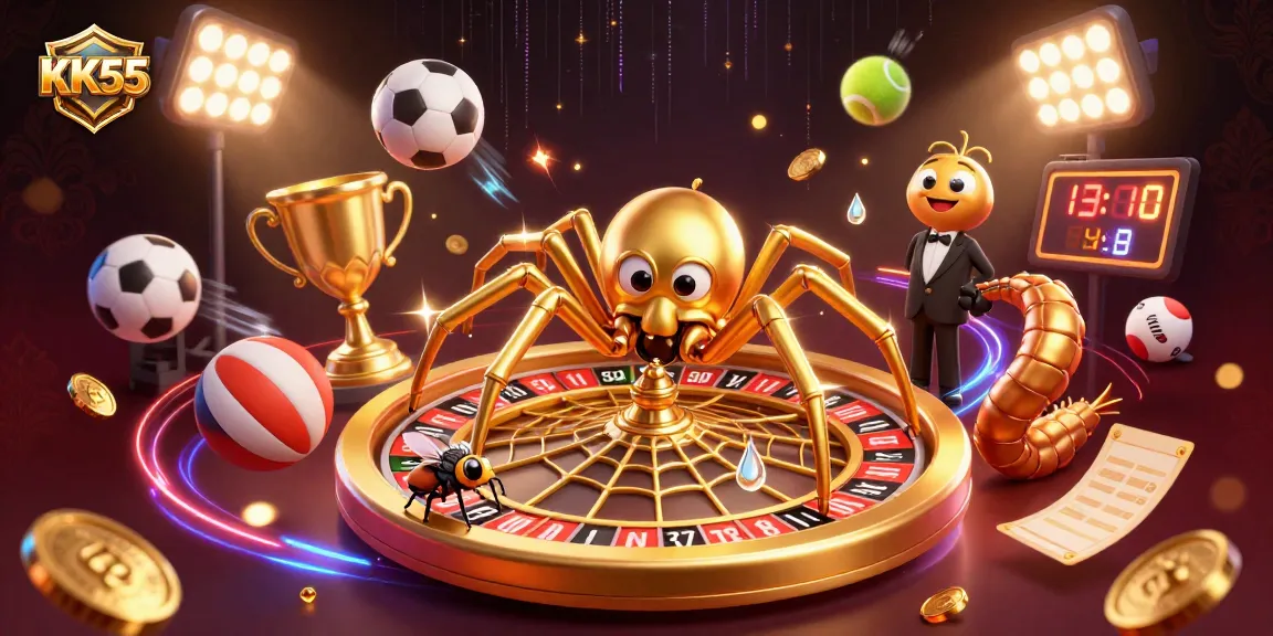 Engage with KK55's thrilling betting action featuring a lively golden spider shifting a roulette web.