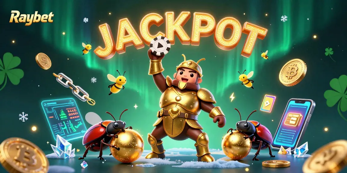 Experience thrilling wins at Raybet while a hercules beetle triumphs with casino chips in a vibrant 3D scene.
