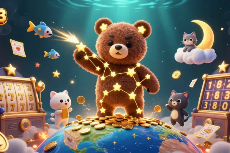 Engage with exciting gameplay at uu33, featuring a 3D cartoon bear in a golden casino world.