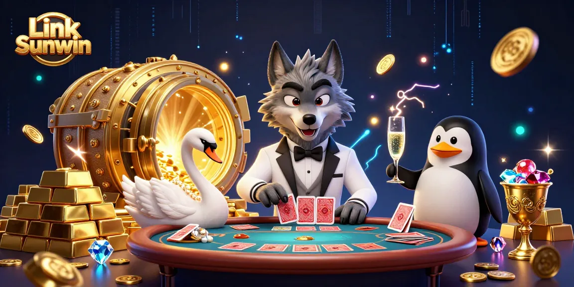 Experience thrilling gameplay with Link Sunwin as cartoon characters enjoy casino elements and luxurious ambiance.
