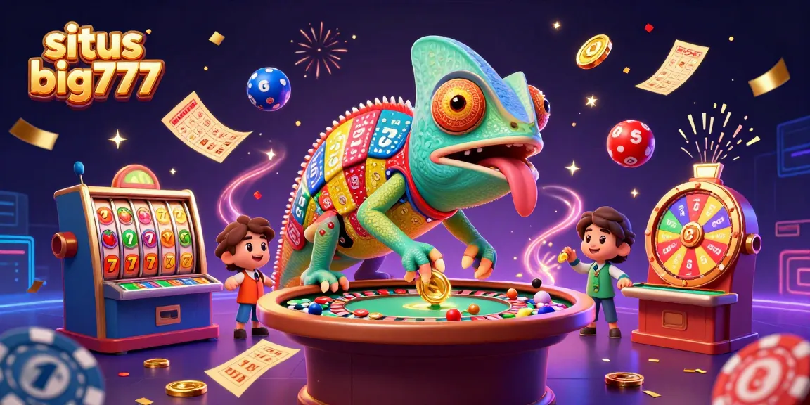 Situs big777 inspires excitement with a vibrant 3D cartoon illustration showcasing a chameleon casino owner, vibrant slot reels, and engaging game elements.
