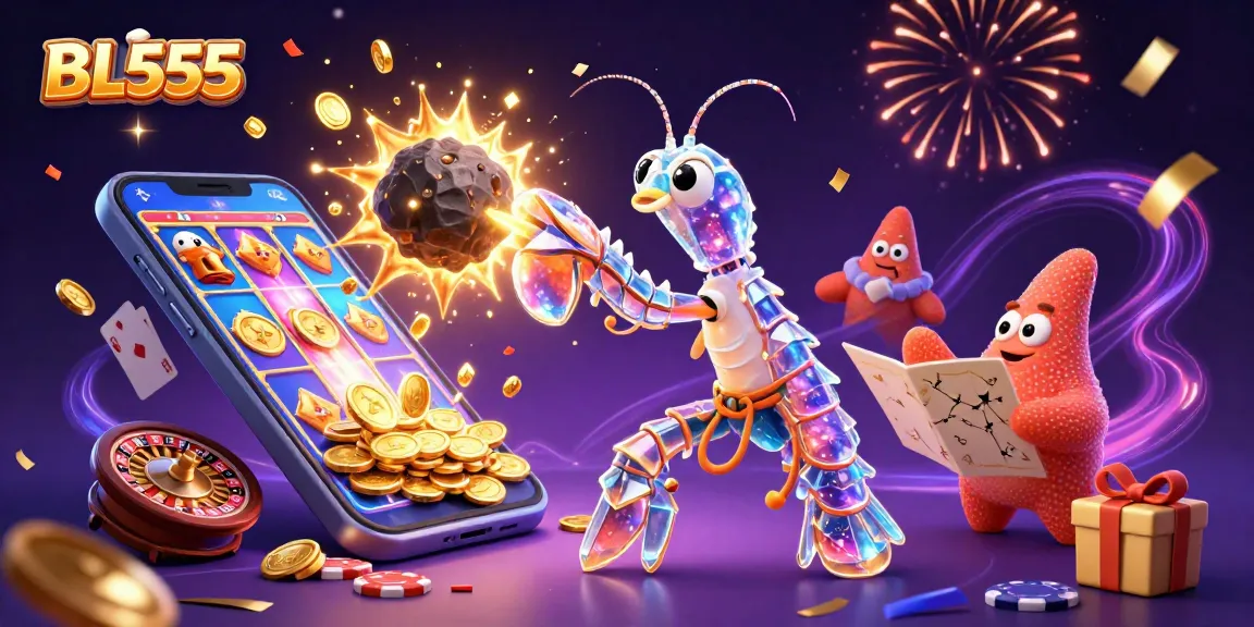 Engage in thrilling gaming at BL555 with vibrant 3D visuals of jackpot prizes exploding and a navigator starfish charting the stars.