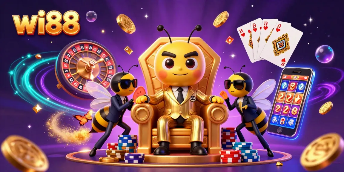 Experience thrilling gameplay at wi88 with a 3D illustration of vibrant casino action featuring characters and dynamic game elements.