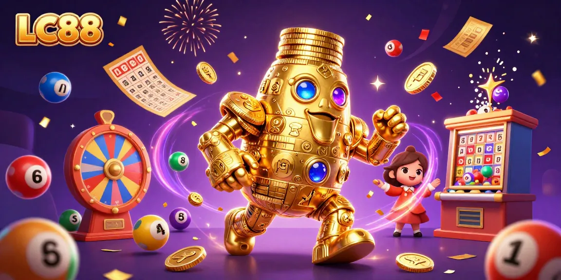 Experience the excitement of LC88 with a golden golem amidst vibrant lottery elements and casino fun.