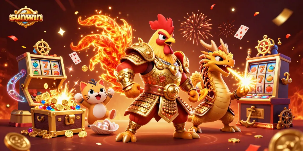 Spin to win with sunwin-inspired slots featuring a dynamic dragon warrior and fortune cat mascot.