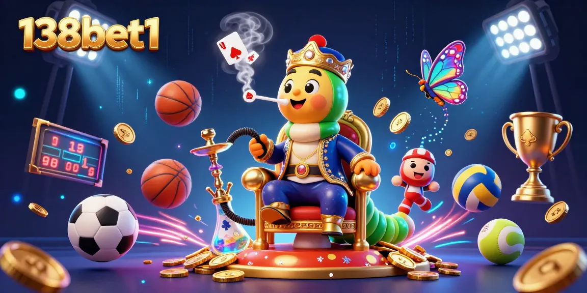 Engage in thrilling gaming at 138bet1 with exhilarating sports and casino elements surrounding a vibrant caterpillar character.