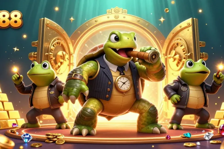 SX88 showcases a fun casino atmosphere with a turtle and bullfrogs among gold treasures.