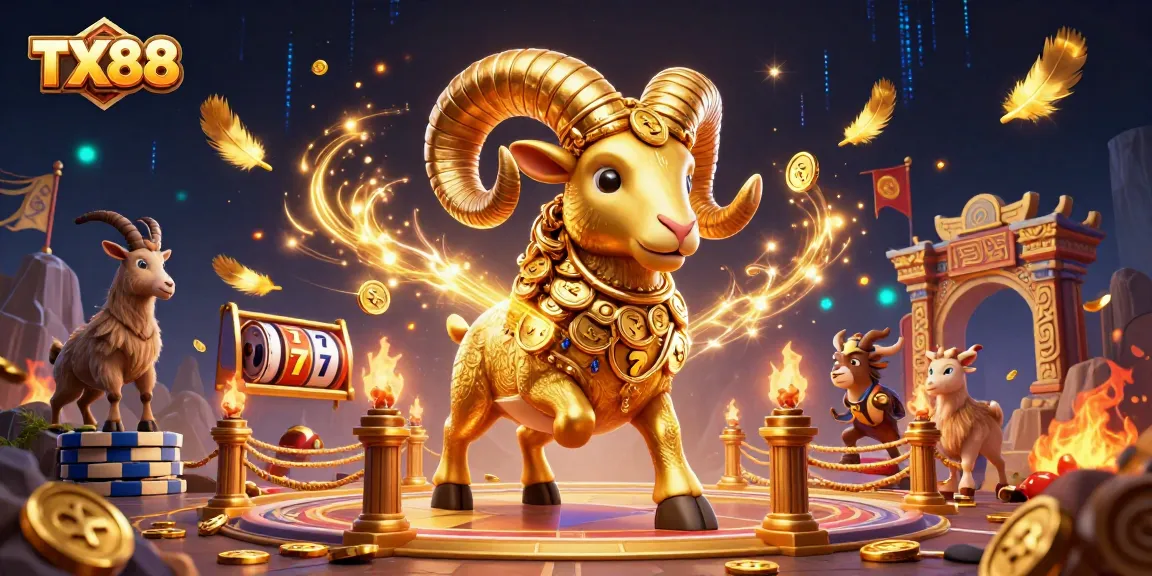 Engage in the vibrant TX88 casino scene with golden ram, slot reels, and bright betting tokens.