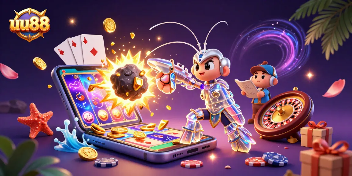 uu88 brings excitement with a galactic samurai mantis shrimp battling through asteroids amidst colorful gambling elements.