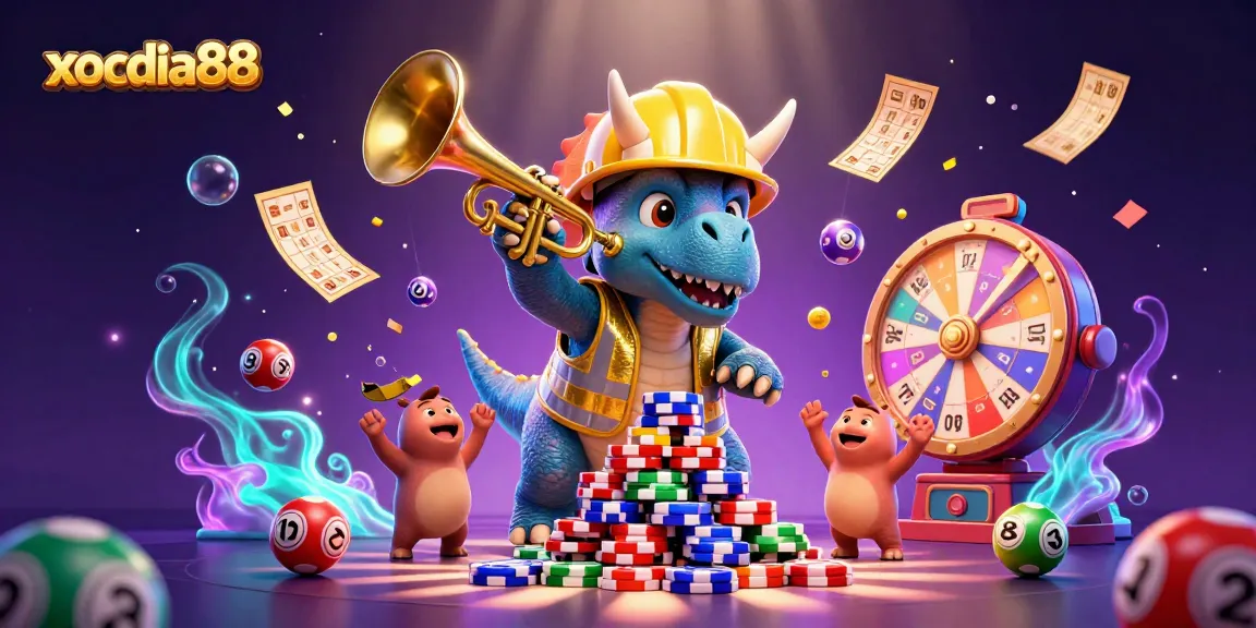 Xocdia88 showcases a vibrant scene of celebration with a triceratops building poker chips.