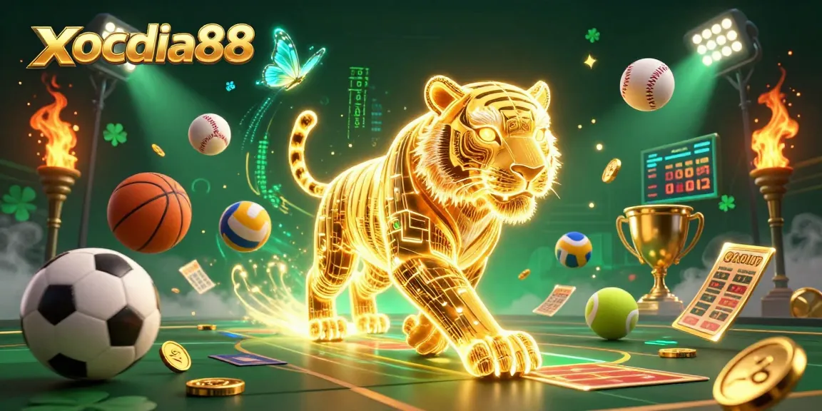 Xocdia88 offers an exciting digital casino scene with a golden tiger and holographic elements enhancing your gaming experience.
