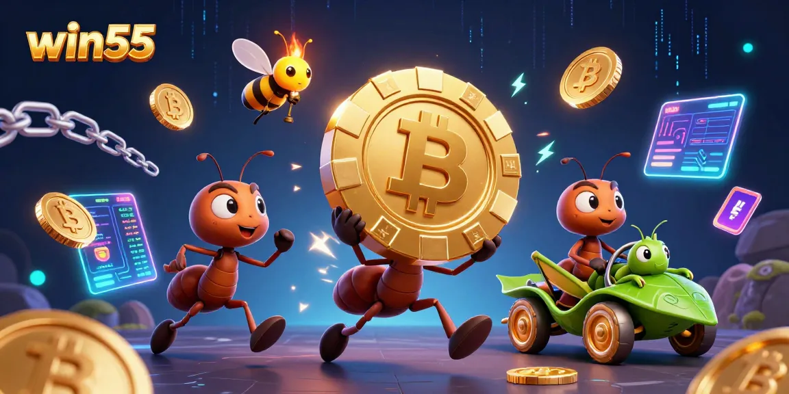 Win55 invites gamblers with a thrilling heist scene led by ants, showcasing casino excitement.