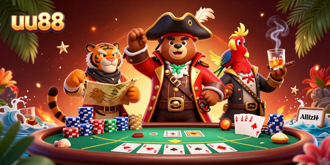 Experience thrilling poker action with uu88's vibrant cartoon scene featuring iconic characters.