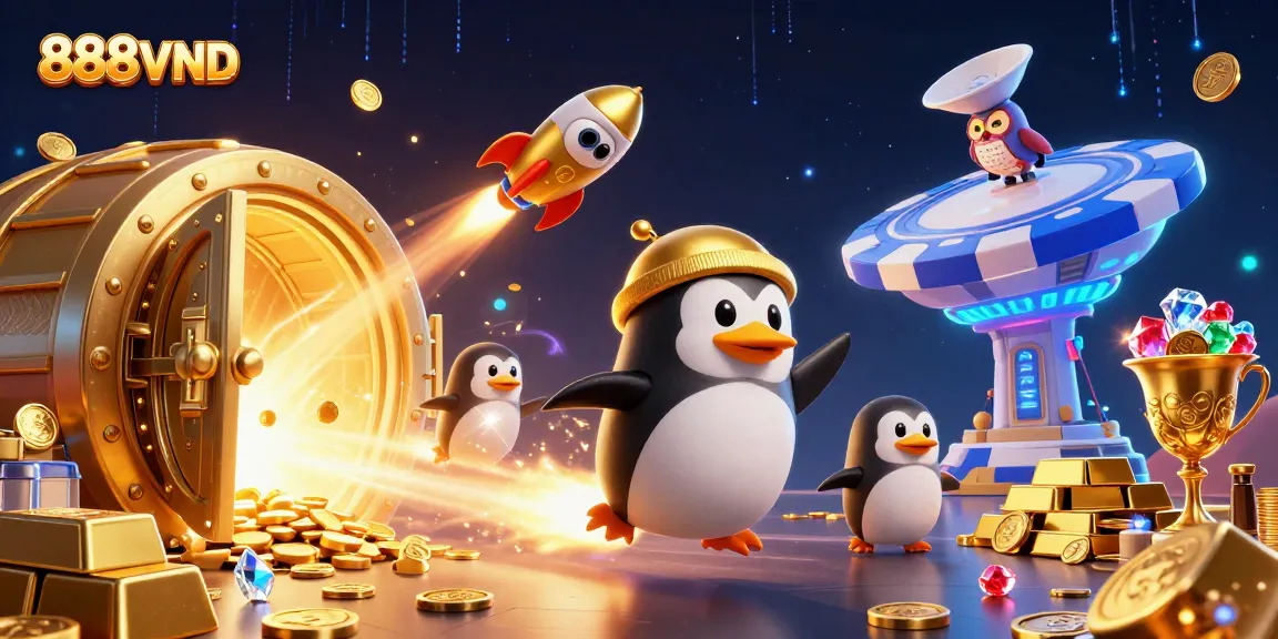 Experience the excitement of 888VND with a golden penguin in a vibrant casino universe.