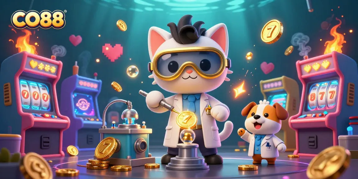 Experience the excitement of CO88 with mad scientist cat and assistant creating winning slots!