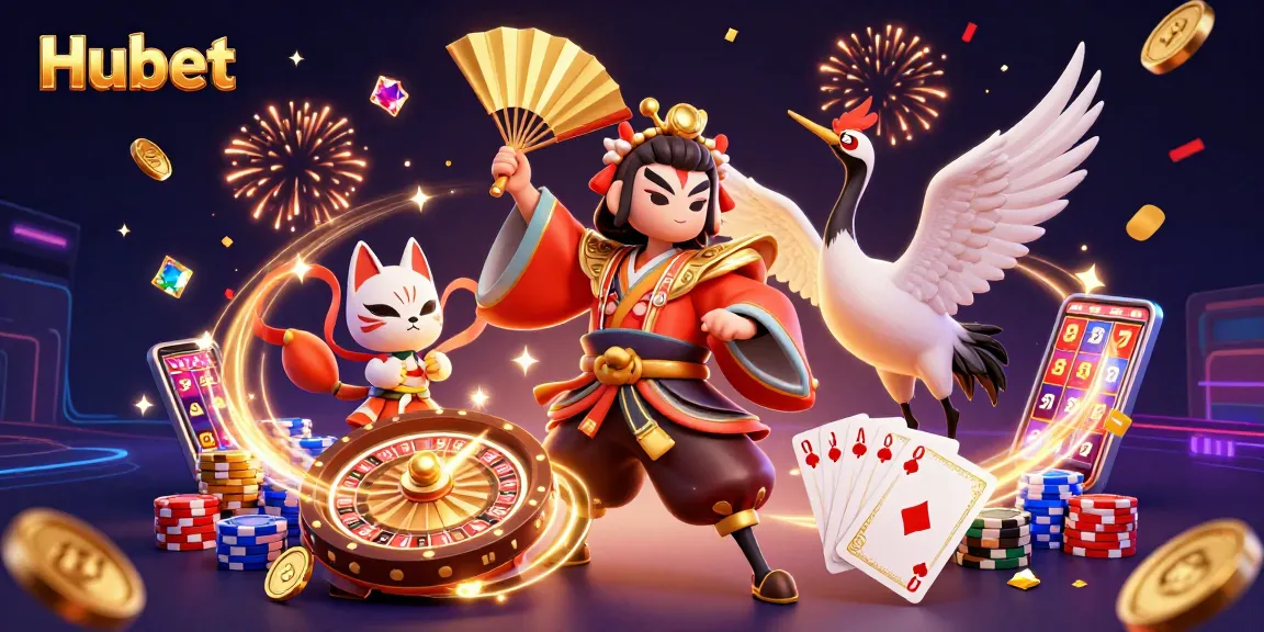 Engage with Hubet's vibrant 3D casino illustration showcasing jackpots, slots, and festive gaming elements.