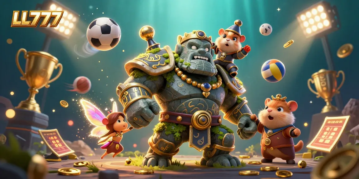 Experience thrilling gameplay at LL777 with a dynamic illustration of a guardian golem and fairy casting magic.