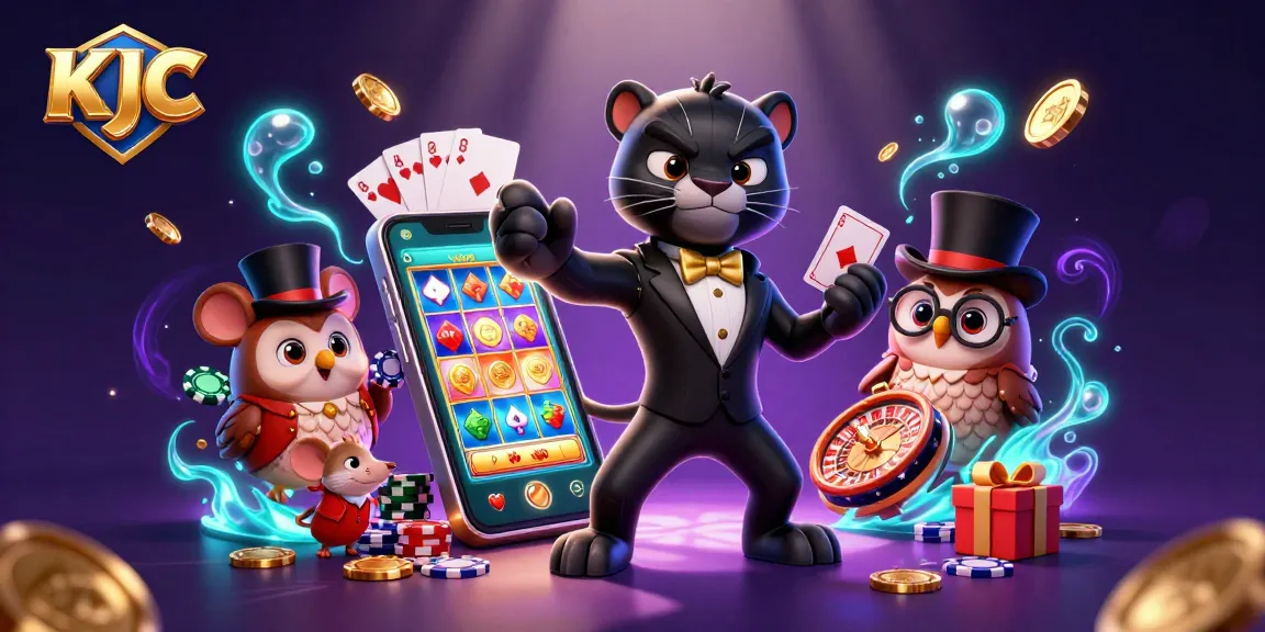 KJC themed 3D casino illustration featuring a panther dealer and owl with poker chips in a vibrant casino scene.