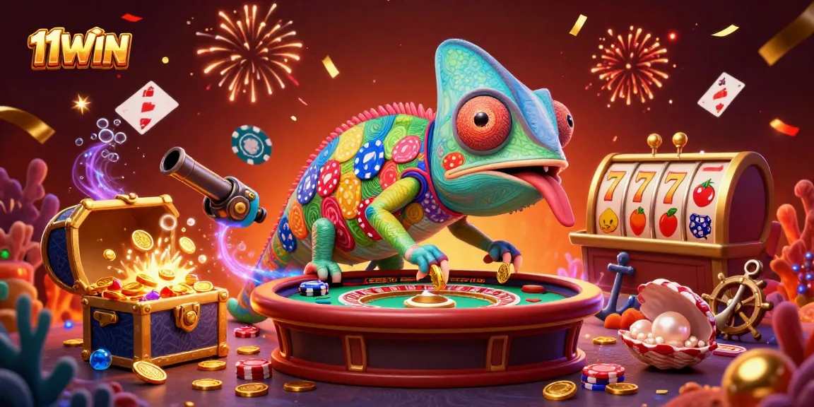 Experience thrilling gaming with vibrant 11WIN chameleon casino owner surrounded by exciting elements.