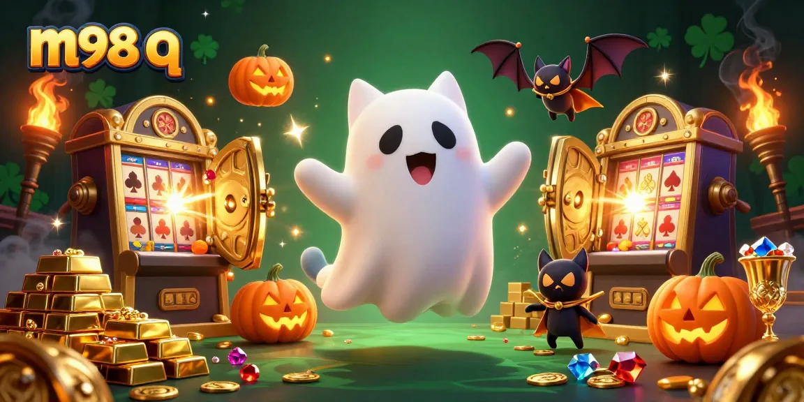Engage with the vibrant m98 q scene featuring a ghost cat and bat in a haunted casino.